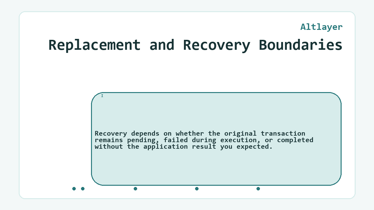 Replacement and Recovery Boundaries: Recovery depends on whether the original transaction remains pending, failed during execution, or completed without the application result you expected.